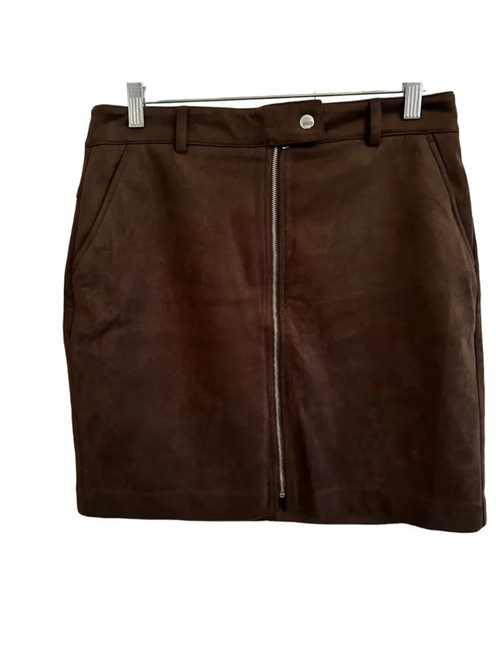 APT 9 Brown Faux Suede Mini Skirt Front Zipper Slash Pockets SZ S Y2K Cowgirl